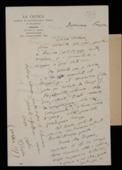 Di ritorno da Raiano Benedetto Croce risponde a Giovanni Laterza di aver trovato le bozze dei volumi di Matteo Bandello e Carlo Gozzi e di averle spedite rispettivamente ai curatori Gioacchino Brognoligo e Giuseppe Prezzolini; poi lo prega di sollecitare Emilio Cecchi a terminare il volume di Gottfried W. Leibniz. In merito a Riccardo Zagaria, il filosofo suggerisce di licenziarlo se non compie l'opera per cui fu assunto, bastando Achille Pellizzari per la vigilanza letteraria della nuova collana. Infine Croce lamenta di non aver ancora ricevuto le copie richieste dell'annata 1904 de “La Critica” e chiede a Laterza se desidera alcune copie complete dell'annata 1905.