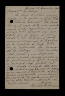 Nella cartolina, Rosina De Leonardis sollecita l'editore nell'invio di cinque copie del volume all'Istituto Internazionale di Roma e ne chiede una per consegnarla personalmente a Luigi Capuana.
