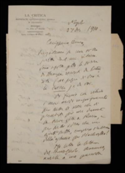 Dopo aver ringraziato G. Laterza per le cortesie e i doni fatti ed aver espresso il proprio parere in merito ad una dedica da apporsi al volume di E. Romagnoli, risponde alle richieste dell’editore circa la messa in commercio della sua bibliografia vichiana. Comunica poi di aver riferito a G. Manacorda le condizioni alle quali gli si affiderebbe la direzione della collana degli scrittori stranieri, mentre attende da G. Gentile programma e catalogo della collezione scolastica.