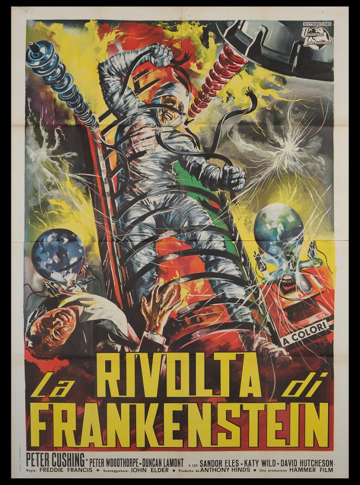 L'immagine riproduce uno dei manifesti conservati presso la Mediateca Regionale Pugliese (vedi Note). Si tratta del manifesto del film "La rivolta di Frankenstein". La drammaticità d'azione e il clima horror si esprimono al massimo in questa composizione pittorica, purtroppo senza firma, che sfrutta a pieno l'ampio spazio del manifesto. Tutto è incentrato sui contrasti dei colori netti e sul sapiente gioco dei colori primari e delle loro combinazioni. L'immagine dipinta e il lettering chiaro del titolo catturano l'occhio del pubblico che entra pienamente nell'atmosfera del film....