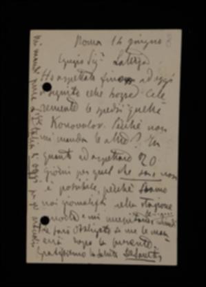 Nella cartolina, Nino De Sanctis sollecita l'invio di nuove bozze del volume e de "L'italia d'Oggi".