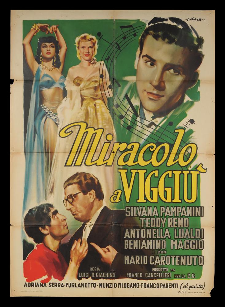 L'immagine riproduce uno dei manifesti conservati presso la Mediateca Regionale Pugliese (vedi Note). Si tratta di una delle versioni grafiche del manifesto del film "Miracolo a Viggiù" del 1951 per la regia di Luigi Giachino. Il manifesto è a firma dell'illustratore bolognese Giorgio Olivetti. La scena grafica è occupata da tre gruppi con i protagonisti del film: in alto a sinistra, a figura intera, vi sono i personaggi femminili di Pinuccia, interpretata dalla sensuale Silvana Pampanini, simbolo della bellezza italiana negli anni '50 e Antonella Lualdi nelle vesti eleganti di Antonella; a destra un primo piano di Teddy Reno che veste i panni Sonny Boy, scritturato per la sua bella voce come si evince dalle note musicali che ne incorniciano il volto; in basso a sinistr...