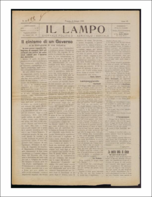 ll documento è parte della collezione del fondo libri digitalizzati della Biblioteca provinciale La Magna Capitana di Foggia, comprendente alcune monografie di diversi secoli e periodici del Novecento. Nello specifico si tratta del periodico “Il lampo – Giornale politico - agrario - sociale”, pubblicato il 3 giugno 1922. In prima pagina vi è un lungo articolo, a firma di Carlo Alberti, sulla crisi dell'allevamento in Puglia. Settore sempre stato volano per la ricchezza della regione ma messo in crisi dall'incuria e dall'indifferenza del Governo: i campi sono lasciati senza cure e interi bestiami vengono rubati di notte. Segue la rubrica "Lampeggiando" a cura di Il tagliapietra che ricorda in un paragrafo la figura di Giuseppe Garibaldi, nell'anniversario della sua morte...