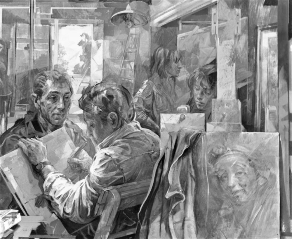 L'immagine è la riproduzione fotografica dell'opera “Nello studio” realizzata dall'artista barese Mario Colonna, figlio e nipote dei pittori Umberto e Nicola ai quali deve la sua prima formazione. Non meno importante sarà il legame con il maestro Raffaele Spizzico, docente del corso di Decorazione dell'Accademia di Belle Arti di Lecce a cui Colonna si iscriverà nel 1964. Sarà proprio Spizzico a trasmettergli la passione per il colore, componente, quest'ultima, che tuttavia Colonna non considererà mai fondamentale. Docente di Tecniche dell'incisione presso l'Accademia di Belle Arti di Bari nonché direttore della stessa dal 1981 al 2005, le sue opere hanno girato Italia e l'estero in numerose personali. Incisore, pittore, scultore, decoratore, Mario Colonna è da considera...