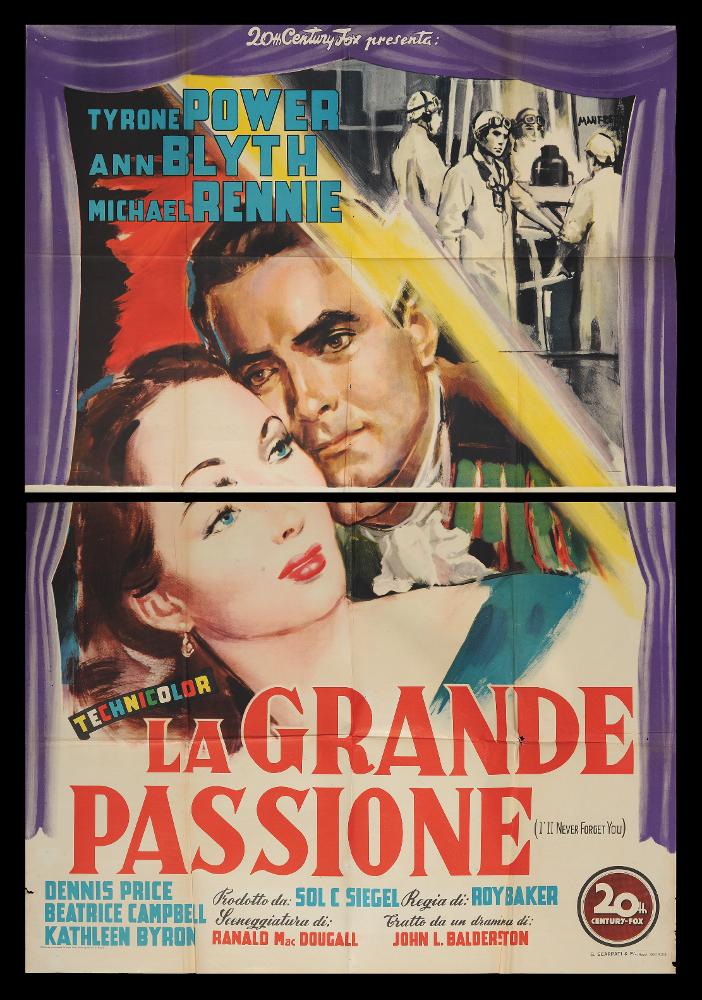 L'immagine riproduce uno dei manifesti conservati presso la Mediateca Regionale Pugliese (vedi Note). Si tratta del manifesto realizzato per il film "La grande passione", la cui composizione artistica è a firma di Manfredo Acerbo (Manfredo). Abruzzese di nascita, si forma a Roma all'Accademia di Belle Arti. La sua carriera lavorativa lo vede insegnante di pittura, grafico e illustratore per il cinema. Il suo stile si contraddistingue da un segno grafico espressionista, dall'accostamento del nero a colori accesi e da una composizione fatta di macchie e pennellate rapide, molto contemporanee, che certamente lo distingueranno dagli altri pittori di cinema, rendendolo inequivocabilmente riconoscibile. In molti suoi lavori le forme delle figure e dei personaggi sono framment...
