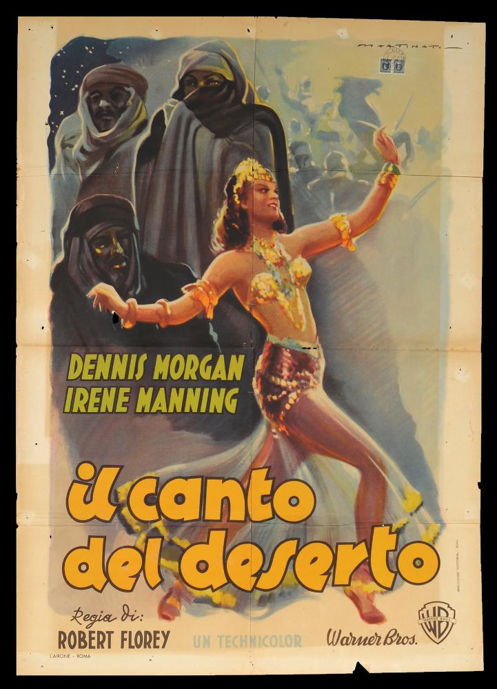 L'immagine riproduce uno dei manifesti conservati presso la Mediateca Regionale Pugliese (vedi Note). Si tratta del manifesto del film "Il canto del deserto", la cui illustrazione è a firma di Martinati. Toscano di nascita, Luigi Martinati può considerarsi uno degli interpreti più significativi della prima maniera del manifesto di cinema. La composizione, riconoscibile nel suo stile all'italiana bello e raffinato, presenta i tratti tipici della sua pittura. Anche in quest'opera ci sono pochi elementi narrativi e poche figure, caratterizzate da giochi di contrasto con colori netti e morbidi, evidenziati da tocchi di luce dorati che richiamano l'atmosfera del Marocco, in cui è ambientato il film, come i costumi evocativi dei personaggi e soprattutto quello da odalisca ric...