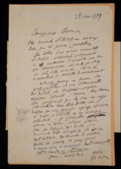 Dopo aver comunicato di aver appreso della morte di Francesco Carabellese, Benedetto Croce esorta Giovanni Laterza a scrivere a Cesare De Lollis per la promozione de “La Cultura” e lo prega di far comporre quanto prima un saggio di Adriano Tilgher da premettere al volume di Johann G. Fichte. In allegato vi è il resoconto de "La Critica" per l'anno 1909, al quale in realtà Croce accenna in altra sua missiva a Giovanni Laterza datata 28 novembre 1909.