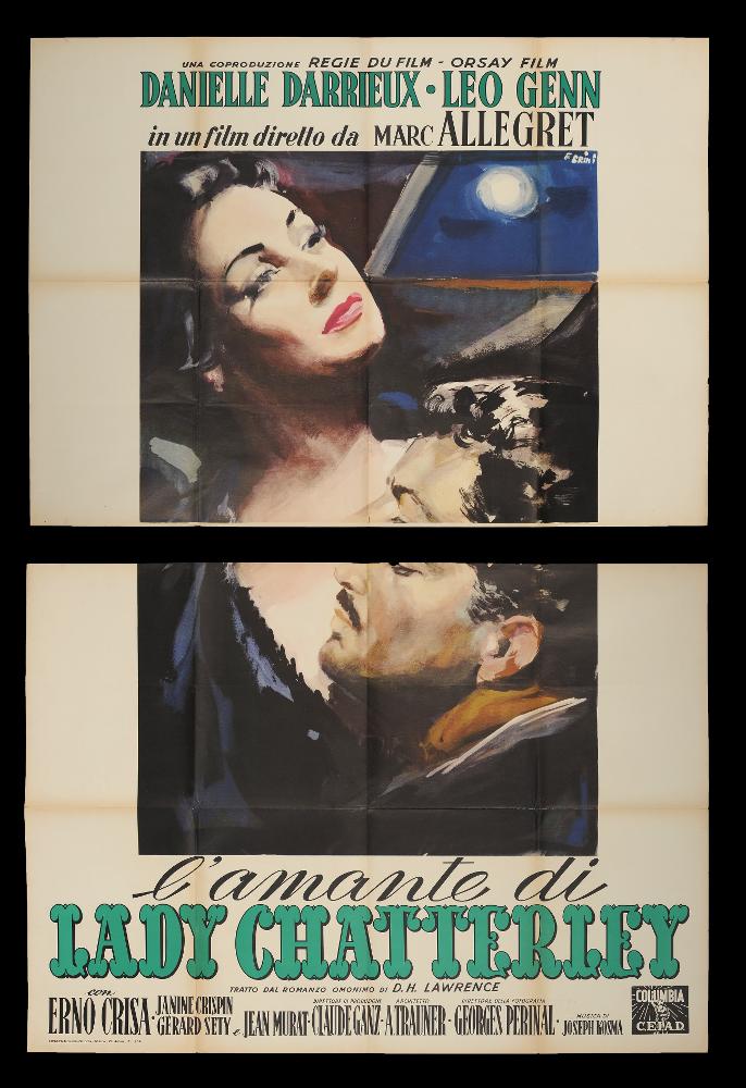 L'immagine riproduce uno dei manifesti conservati presso la Mediateca Regionale Pugliese (vedi Note). Si tratta della versione grafica del manifesto del film "L'amante di Lady Chatterley", la cui illustrazione è a firma di Ercole Brini. Artista dalle composizioni pittoriche delicate, Brini prediligeva l'uso degli acquerelli, tecnica che gli permetteva di creare racconti in cui le figure si fondono al paesaggio, figure diverse si fondono una nell'altra, in atmosfere impalpabili e ricche di fascino e poesia, come in questo caso. Brini sa rendere magnificamente racconti storici e film ricchi di malinconia e drammaticità; qui realizza un insieme pittorico in cui le due splendide figure di Lady Costanza e del suo amante sono uniche e protagoniste, in un ambiente dai pochi de...