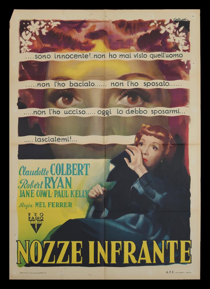 L'immagine riproduce uno dei manifesti conservati presso la Mediateca Regionale Pugliese (vedi Note). Si tratta di uno dei manifesti del film “Nozze infrante” del 1950 per la regia di Mel Ferrer. La firma che leggiamo in alto a destra appartiene all’illustratore bolognese Olivetti Giorgio. Classe 1908, Olivetti caratterizza le sue prime opere da uno stile morbido, sfumato, fatto di acquerelli delicati che rendono il volume anche grazie ad un uso sapiente dei chiaroscuri. La composizione in oggetto è composta di pochi elementi, vi è infatti rappresentata solo la protagonista Claudette Colbert, in primo piano immortalata con una mano sul volto e uno sguardo che esprime terrore e paura. Sullo sfondo Olivetti, sul grande ritratto della Colbert, inserisce una parte testuale,...