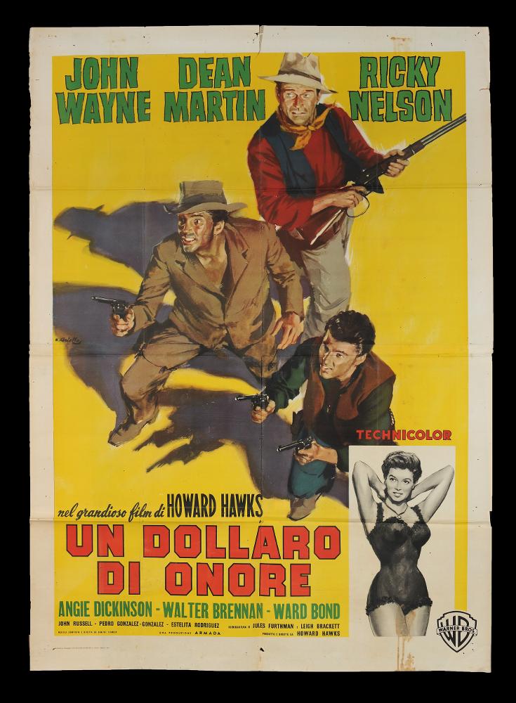 L'immagine riproduce uno dei manifesti conservati presso la Mediateca Regionale Pugliese (vedi Note). Ciriello firma il dipinto per il manifesto di "Un dollaro d'onore" (Rio Bravo), uno dei più significativi film western degli anni '50. Pittore dal linguaggio elaborato e dallo stile pittorico colto e maturo, sia nel ritratto che nelle scene narrative, Ciriello seppe caratterizzare le sue opere con l'uso di sfumature volumetriche, tocchi di colore morbidi "emotivi", che denotano una comunicazione visiva chiara e coinvolgente. Si ricorda come tra i più importanti disegnatori per manifesti del cinema italiano. Iniziò a lavorare come pubblicitario presso l’agenzia 'Non plus ultra' a Milano e poi presso la 'Ima', la più grande agenzia di pubblicità in Italia. Il suo talento ...
