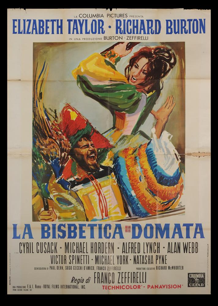 L'immagine riproduce uno dei manifesti conservati presso la Mediateca Regionale Pugliese (vedi Note). Si tratta del manifesto del film del 1967 "La bisbetica domata", per la regia di Franco Zeffirelli, la cui illustrazione pittorica è a firma di Ercole Brini. È una composizione ricca di intensità pittorica ed espressione. Brini in generale ha sempre prediletto l'uso degli acquerelli, tecnica che gli permetteva di creare racconti in cui le figure si fondono al paesaggio, figure diverse si fondono una nell'altra, in atmosfere impalpabili e ricche di fascino. Qui i colori e le pennellate vibranti rendono una narrazione ricca di dinamicità, in un'atmosfera popolare carica di teatralità. «Le composizioni di Brini si caratterizzano per modernità e scioltezza: l'artista non ha...