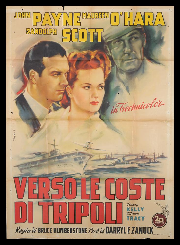 L'immagine riproduce uno dei manifesti conservati presso la Mediateca Regionale Pugliese (vedi Note). Si tratta della versione grafica del manifesto per il film "Verso le coste di Tripoli", a firma dell’illustratore E.pic., come si evince dalla firma sul fianco sinistro. Rispetto ad altre composizioni, qui in collezione, l'artista mostra un uso del colore più morbido e sfumato, dai toni cromatici delicati che ben esprimono una composizione più delicata e poetica, nonostante sia pensata per un film di guerra. Lo stile adottato e gli elementi narrativi presenti - i due personaggi in primo piano, il marinaio sullo sfondo nei toni monocromi del verde, una scena di battaglia in mare - fanno pensare alle opere di altri grandi interpreti della pittura da cinema del primo perio...