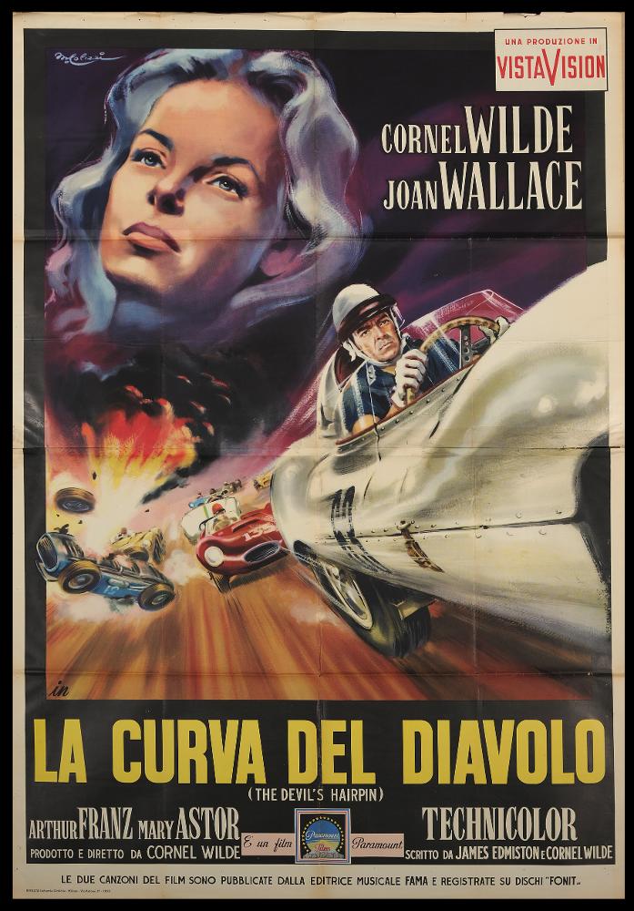 L'immagine riproduce uno dei manifesti conservati presso la Mediateca Regionale Pugliese (vedi Note). Si tratta di una delle versioni grafiche del manifesto del film di avventura “La curva del diavolo”. L’illustratore del manifesto è M. Colizzi (Marcello Colizzi) come si evince dalla firma in corsivo, presente in alto a sinistra. Tra i maggiori rappresentanti dei cartellonisti italiani del cinema, Colizzi vanta un repertorio di circa 300 manifesti per il cinema nazionale ed internazionale, a firma sia personale che per conto dello studio professionale d’arte e di fotografia di Ercole Brini. Fu figlio d’arte, ricordiamo infatti il padre Gioacchino Colizzi (Attalo) tra i fondatori del giornale umoristico romano degli anni Cinquanta Il Marc’Aurelio. Per questo film, l'arti...