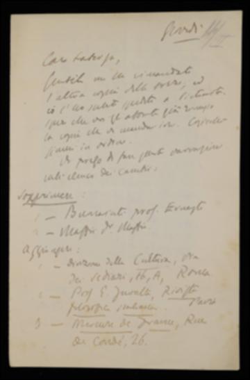 Nella lettera, Benedetto Croce comunica a Laterza l'invio delle bozze per la stampa del suo periodico, indicandogli alcune variazioni all'elenco dei cambi. Lo informa della richiesta di volumi per una recensione francese da parte di Ricciotto Canudo, allegandone la cartolina. Infine gli assicura una rapida correzione delle bozze del volume di Karl Vossler.