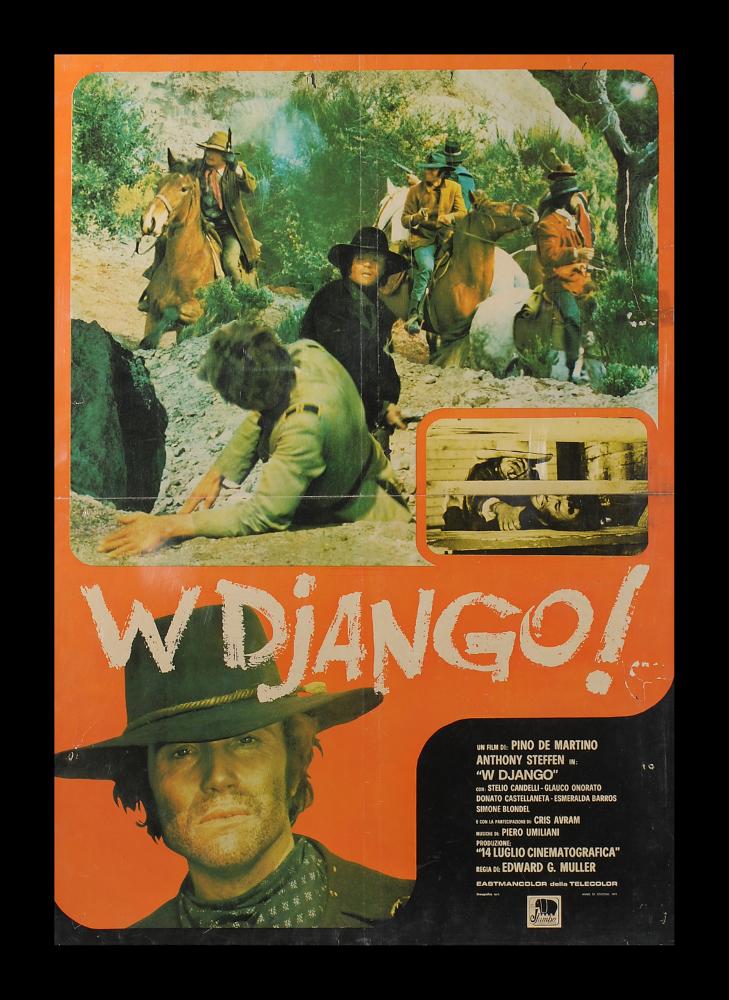 W Django! (noto anche come "Un uomo chiamato Django!" ) è un film western italiano del 1971 diretto da Edoardo Mulargia e interpretato da Anthony Steffen. Lo stile anni '70, con i suoi colori carichi e caldi, è il protagonista di questa fotobusta verticale di medie dimensioni nella quale viene ritratto il protagonista Django, interpretato da Anthony Steffen, e sono presenti due foto di scena che ritraggono scene di lotta. Il manifesto originale è conservato nell’Archivio della Mediateca Regionale Pugliese....