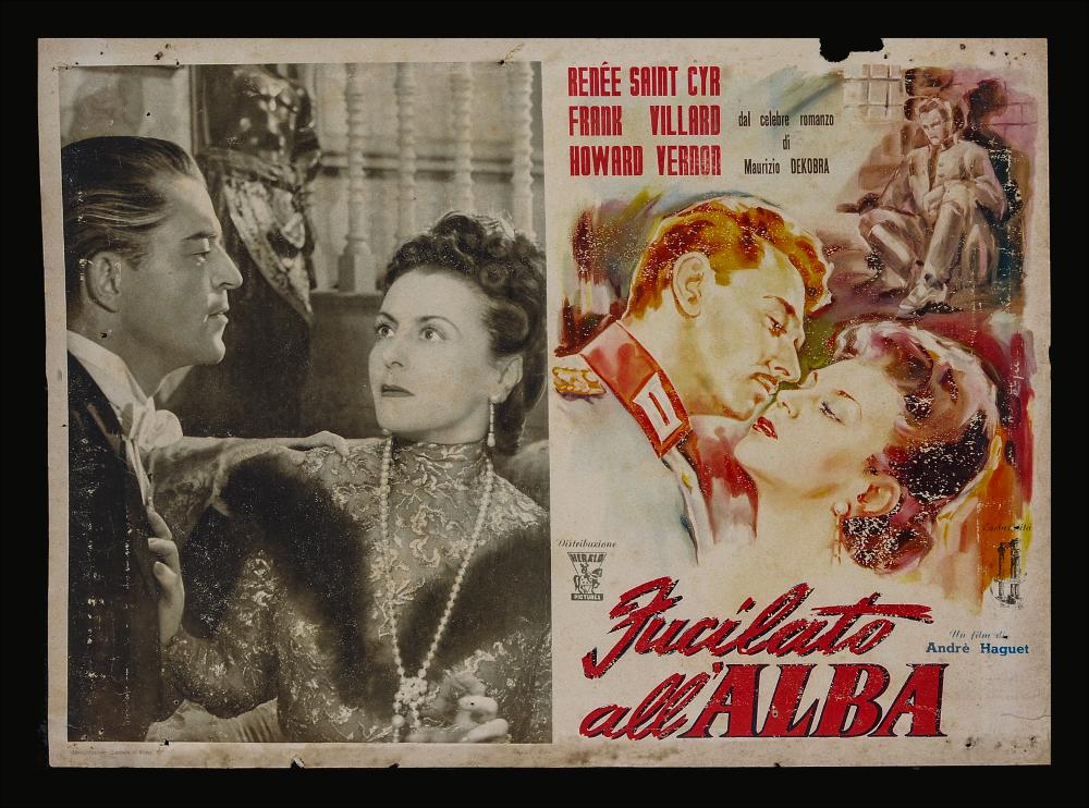 “Fucilato all'alba” (titolo originale "Fusillé à l'aube") è un film del 1950 per la regia di André Haguet, su sceneggiatura di Maurice Dekobra, André Haguet e André Legrand. Tra gli interpreti principali ricordiamo Renée Saint-Cyr, Frank Villard, Howard Vernon e Nathalie Nattier.
La fotobusta cinematografica non reca firma dell'autore. La fotobusta è composta dall'accostamento di due immagini: una fotografia di scena in bianco nero sulla sinistra, ritraente i due protagonisti, e una scena dipinta sulla destra, ritraente i due protagonisti, realizzata con grande cura ritrattistica, prediligendo colori caldi e sfumati.
La fotobusta originale è conservata nell’Archivio della Mediateca Regionale Pugliese....