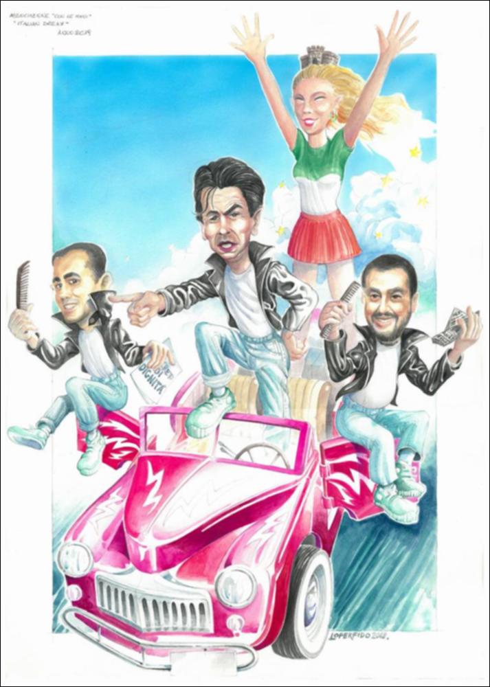 Per l’edizione 2019, “Satira e libertà” sono i temi ispiratori scelti dalla fondazione Carnevale di Putignano per la realizzazione dei carri allegorici.
Il bozzetto preparatorio per il carro realizzato dall'Associazione "Con le mani" rappresenta i tre personaggi del governo italiano 2018 – Di Maio, Conte e Salvini – protagonisti del “Sogno Italiano” (Italian Dream). Evocando i mitici anni ’50, quelli del boom americano, i tre protagonisti sfrecciano su una sgargiante automobile d’epoca. Con loro viaggia un’Italia dalle sembianze di giovane ragazza. Un'Italia fresca e rinnovata li accompagna con entusiasmo e ottimismo verso un promettente futuro. Col vento in faccia, già si respira un’aria di libertà e di cambiamento. ...