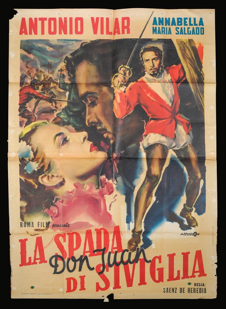 L'immagine riproduce uno dei manifesti conservati presso la Mediateca Regionale Pugliese (vedi Note). Si tratta di uno dei manifesti del film “Don Juan - La spada di Siviglia” del 1950 per la regia di José Luis Saenz de Heredia. La composizione grafica è a firma di Angelo Cesselon, illustratore veneziano considerato tra i più originali ‘pittori di cinema’. Dal manifesto si coglie la straordinaria abilità tecnico-pittorica di Cesselon, di sintetizzare in tratti essenziali la trama del film, partendo dalla rappresentazione su più livelli di alcune scene narrative. Nello specifico possiamo notare tre scene, in primo piano il protagonista maschile, al centro una scena dalla grande intensità fra i due amanti, sullo sfondo un momento corale dello scontro armato. Bellissime le...