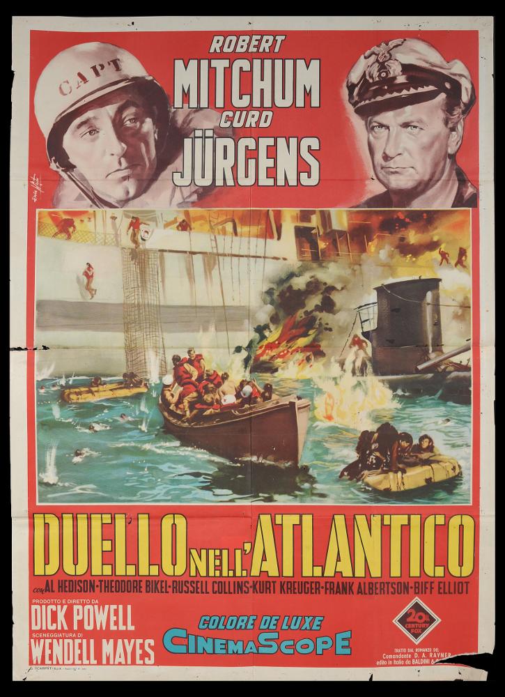 L'immagine riproduce uno dei manifesti conservati presso la Mediateca Regionale Pugliese (vedi Note). Si tratta del manifesto del film "Duello nell'Atlantico", a firma di Enzo Nistri. Pittore romano che firmò migliaia di manifesti per il cinema, Nistri si contraddistinse per un linguaggio maturo, uno stile semplice ed elegante che "si presta a raccontare ogni storia" (Baroni, 2018). Molti suoi lavori infatti si riconoscono per il tratto raffinato, ma al tempo stesso dalla forte intensità costruttiva data anche da un sapiente uso dei colori netti e spesso contrastanti, che aiutano a ben difinire le figure e le scene descritte. La composizione studiata per il manifesto in oggetto si mostra molto originale, mantenendo gli elementi tipici del suo stile: il pittore inquadra ...