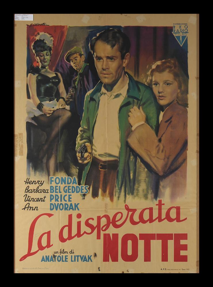 “La disperata notte” (The Long Night) è un film del 1947 diretto da Anatole Litvak su sceneggiatura di John Wexley e Jacques Viot. Tra gli interpreti principali ricordiamo Henry Fonda, la debuttante Barbara Bel Geddes, Vincent Price, Ann Dvorak.
Il manifesto cinematografico è firmato dal celebre pittore di cinema Giorgio Olivetti, artista bolognese classe 1908. Le figure dipinte sono delineate con pennellate fluide a colori brillanti e campiture di colori vivaci. La composizione è lineare, caratterizzata da chiaroscuri sintetici che enfatizzano la teatralità della scena.
Il manifesto originale è conservato nell’Archivio della Mediateca Regionale Pugliese....