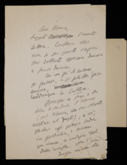 Tornando sulla questione del compenso per i direttori de “La Cultura”, Benedetto Croce, nella lettera, invita Giovanni Laterza a leggere una missiva che dice di aver allegato; chiarisce poi che Cesare De Lollis ha chiesto di visionare il bilancio del periodico su suo suggerimento. Il filosofo anticipa inoltre all'editore barese di voler proporre al De Lollis la restituzione del compenso corrisposto e il rinvio della risoluzione della questione ad altro momento.