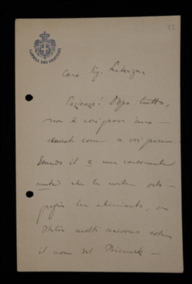 Nella lettera, Pietro Chimienti sdrammatizza l'errore del "c" mancante nel nome Bismarck e se ne assume la responsabilità, dichiarando che in Italia è uso comune. Chiede informazioni sulle altre correzioni da lui indicate per telegramma.