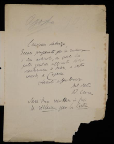 Il documento rappresenta la lettera di accompagnamento ai due saggi inviati da Benedetto Croce a Giovanni Laterza per l'edizione in volume. Croce esorta l'editore ad aggiungere in coda a ciascun volume un messaggio pubblicitario per il suo periodico "La Critica".