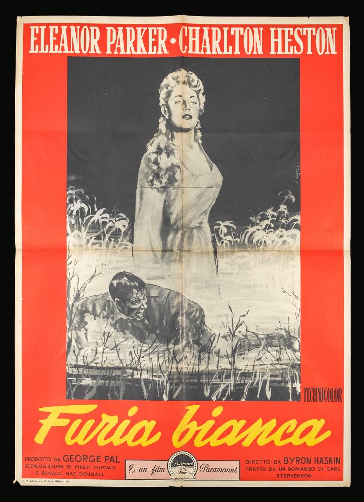 L'immagine riproduce uno dei manifesti conservati presso la Mediateca Regionale Pugliese (vedi Note). Si tratta di una delle versioni grafiche per il manifesto del film “Furia bianca” del 1954 per la regia di Byron Haskin a firma di Silvio Cigenza. In una cornice dallo sfondo rosso l'artista inserisce i due personaggi in bianco e nero, perfettamente centrale, a figura intera, vi è l'attrice Eleanor Parker circondata da vegetazione, ai suoi piedi un uomo steso, sembra in un corso d'acqua, immortalato in un momento di difficoltà. Seppur in bianco e nero, l'illustrazione è messa in risalto grazie alla scelta della cornice in rosso. Nella parte superiore ci sono i nomi due due protagonisti mentre nella parte inferiore vi sono il titolo in giallo e i credits del film....
