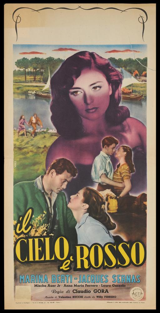 L'immagine riproduce uno dei manifesti conservati presso la Mediateca Regionale Pugliese (vedi Note). Si tratta di uno dei soggetti realizzati per la fotobusta del film “Il cielo è rosso” del 1950 per la regia di Claudio Gora. L'opera grafica è a firma di Cost., che realizza una composizione ricca, con più momenti narrativi e di dettagli ambientata all'aria aperta (il film fu girato tra le rovine di Treviso e di Frascati). Lo stile adottato è molto simile a quello di Fiorenzi, il primo, tra i pittori di cinema dell'epoca, ad anticipare l'impianto grafico contemporaneo; infatti anche la locandina in oggetto mostra un collage di foto di scena, arricchite da sfumature di colori evidenti ed astratte. In quegli anni, gli artisti oltre a visionare in anteprima la pellicola, r...