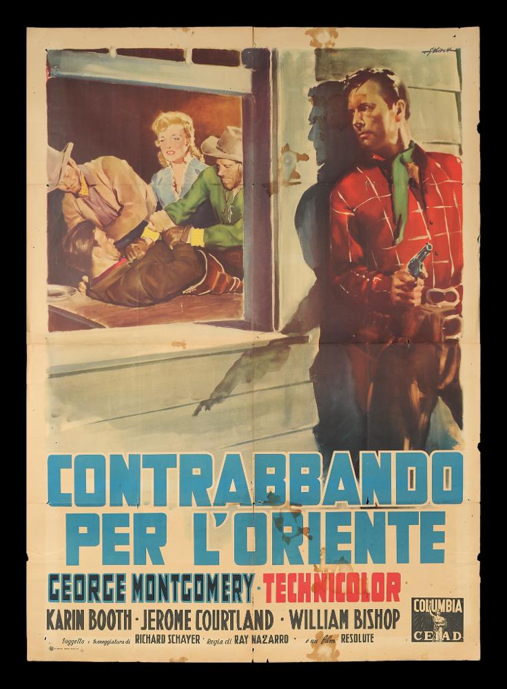 L'immagine riproduce uno dei manifesti conservati presso la Mediateca Regionale Pugliese (vedi Note). Si tratta di uno dei manifesti del film “Contrabbando per l’Oriente” del 1952 per la regia di Ray Nazarro. La firma che si legge è dell’illustratore bolognese Giorgio Olivetti. Classe 1908, Olivetti caratterizza le sue prime opere da uno stile morbido, sfumato, fatto di acquerelli delicati che rendono il volume anche grazie ad un uso sapiente dei chiaroscuri. La composizione si divide in ambiente esterno ed in ambiente interno. All’esterno il protagonista George Montgomery nei panni di Bret Ivers, osserva in allerta la scena che si sta svolgendo tra le mura domestiche....