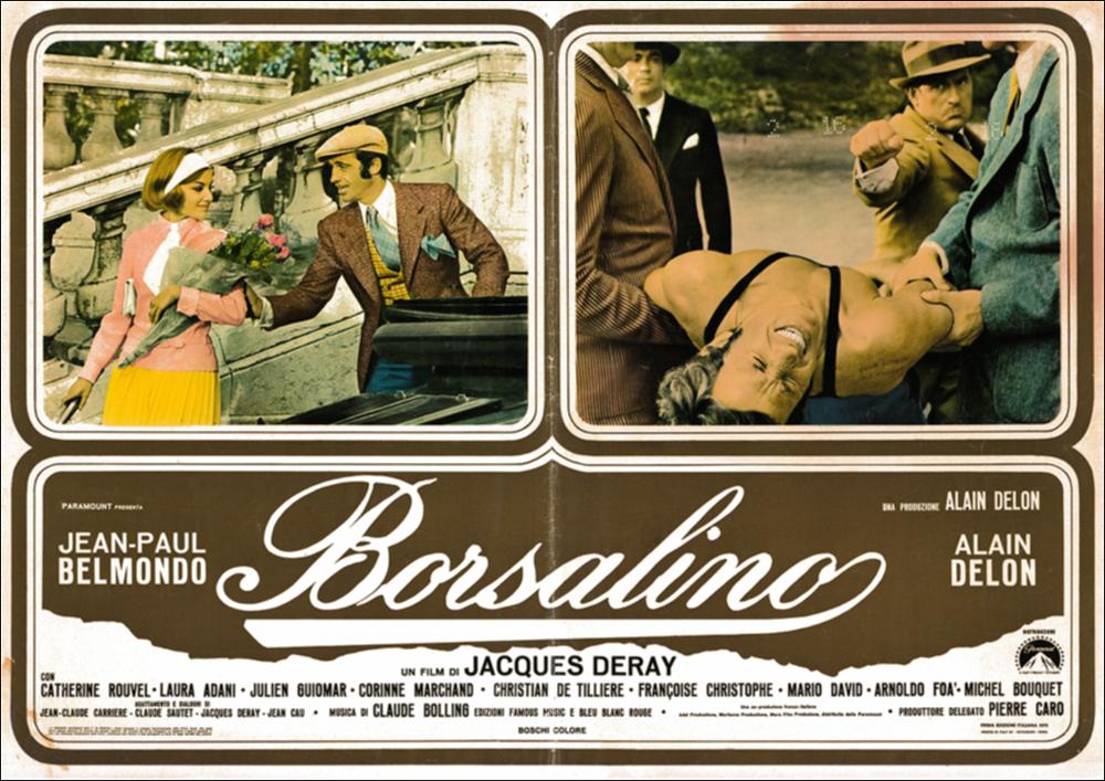 L'immagine digitale in oggetto è scansione della fotobusta originale del film "Borsalino", elaborata in occasione della mostra "Riccardo Cucciolla - Ritratto d'Attore" organizzata nel 2012 dall'Associazione culturale “Attraverso lo Spettacolo”, dall'Assessorato al Mediterraneo, Cultura e Turismo della Regione Puglia e dal Servizio Biblioteca e Comunicazione Istituzionale del Consiglio Regionale della Puglia. L'opera, dai toni caldi e raffinati, è divisa in tre riquadri: due superiori che includono scene tratte dal film e una inferiore che mette insieme il titolo e i nomi degli attori. Il film, diretto da Jacques Deray e prodotto da Alain Delon, esce nelle sale italiane nel 1970. Tratta dal romanzo francese “Bandits à Marseille” di Eugène Saccomanno, la pellicola, ambien...