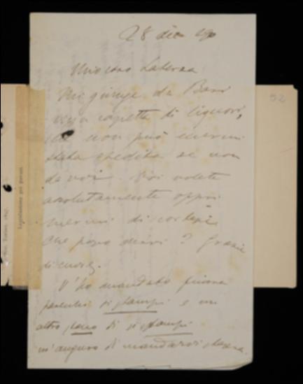 Nella lettera, dopo aver ringraziato Giovanni Laterza per un dono appena ricevuto, Fausto Nicolini lo sollecita a far concludere il volume di Jacopo Vittorelli, l'impaginato del volume di Carlo Gozzi, la composizione del volume di Matteo Bandello, anticipandogli di aver già programmato con Benedetto Croce i venti volumi da pubblicare entro il 1911. Invia inoltre all'editore barese alcune pagine del volume del Bandello in seconda prova, sollecitandone la terza, e alcune bozze licenziate dei volumi di Jacopo Vittorelli, Carlo Gozzi e Giuseppe Baretti; tuttavia di una pagina del Gozzi si richiede un'ulteriore prova, essendosi modificata per ordine del Croce; un'ulteriore prova si richiede anche di alcune pagine del volume del Baretti. Infine il Nicolini spiega di aver resp...