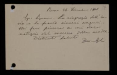 Nella cartolina, Giovanni Francesco Cadolini ringrazia l'editore per l'invio delle copie del volume.