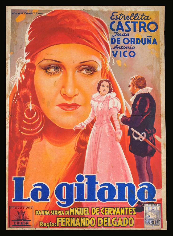 L'immagine riproduce uno dei manifesti conservati presso la Mediateca Regionale Pugliese (vedi Note). Si tratta di una delle foto busteverticali del film “La gitana” del 1940 per la regia di Fernando Delgado. In alto a sinistra si legge la firma del toscano Martinati (Luigi Martinati), fondatore con Anselmo Ballester e Alfredo Capitani dello studio BCM, società di produzione di manifesti per il cinema e da considerarsi uno degli interpreti della prima maniera del manifesto di cinema. La composizione grafica presenta alcune delle caratteristiche dello stile del pittore, come la presenza di un grande volto femminile in secondo piano, realizzato partendo dal dorato e giocando con le sue sfumature, colore che “illumina” tutta la scena, semplice lo sfondo sempre sui toni chi...
