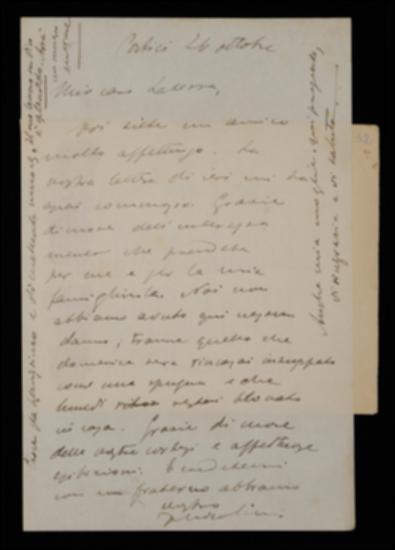 Nella lettera, Fausto Nicolini, nel rispondere a Giovanni Laterza in merito alla salute della propria famiglia e di Benedetto Croce, accenna al sicuro successo che avrà il volume di quest'ultimo su Giambattista Vico.