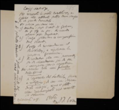 Nella cartolina, Benedetto Croce chiede all'editore barese di inviargli alcune bozze del volume di Ferdinando Galiani e alcuni campioni di copertina per i volumi del suo sistema filosofico; lo prega inoltre di sollecitare la composizione del volume di Immanuel Kant e di spedirgli nuovamente il manoscritto del volume di George Berkeley risolvendo la questione con la tipografia Giannini. Infine fornisce a Laterza le informazioni richieste in merito allo scritto “Morale e religione” di Antonio Labriola e gli propone di pubblicare la traduzione italiana del volume di Georges Sorel sulla violenza..