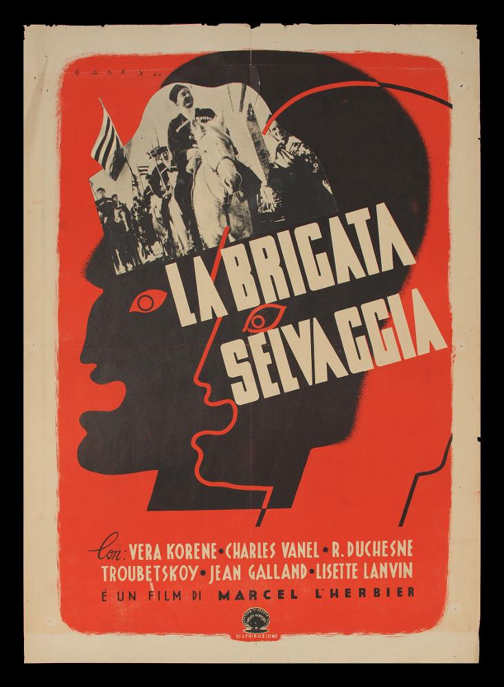 L'immagine riproduce uno dei manifesti conservati presso la Mediateca Regionale Pugliese (vedi Note). Si tratta di una delle versioni del manifesto del film "La brigata selvaggia", del regista Marcel L’Herbier, a firma dell’illustratore Sant'x. Tutta la composizione si basa su pochi colori. La composizione molto moderna gioca sull’alternanza di soli due colori principali: il nero ed il rosso. Sant’x disegna un grande volto lineare di profilo sdoppiato e sovrapposto per una metà ponendolo sull’intera pagina; aggiunto al disegno un ritaglio di una fotografia tratta dalla scena del film....