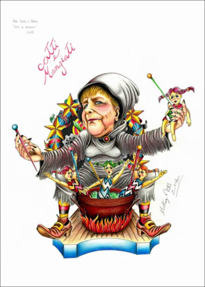 Per l'anno 2015 il tema ispiratore dei carri allegorici scelto dalla Fondazione Carnevale di Putignano è "I vizi capitali".
Il bozzetto realizzato dall’ Associazione “Carta&Colore” rappresenta il peccato capitale dell’ira. In primo piano, dalle fattezze giganti, Angela Merkel è rappresentata come una strega con enormi spilli infilza bambole voodoo. Gli spilli rappresentano i crescenti sacrifici economici che molti cittadini sono costretti ad affrontare. Alle sue spalle una corona di stelle e bandiere a testimoniare l’unione europea. 
Il bozzetto è stato realizzato da Vito Mastrangelo con l’uso di matite colorate pastose, ricco di dettaglio e volumetria....
