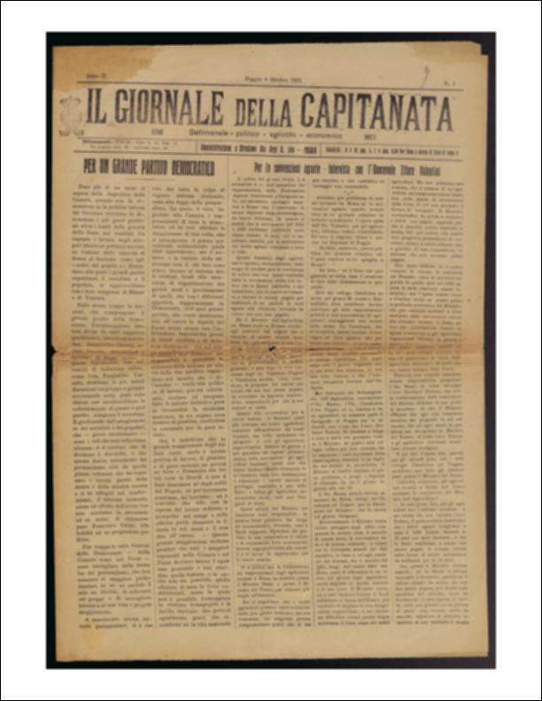 Il documento è parte della collezione del fondo libri digitalizzati della Biblioteca provinciale La Magna Capitana di Foggia, comprendente alcune monografie di diversi secoli e periodici del Novecento. Si tratta de "Il Giornale della Capitanata" del 9 ottobre 1921. La prima pagina riporta le considerazioni "per un grande Partito Democratico". Ad un mese dalla riapertura della Camera, ci si interroga sui gravi problemi relativi ai limiti della potestà dello Stato nei conflitti tra capitale e lavoro, sul fascismo e sulle frazioni che compongono il partito democratico. Segue l'intervista all'Onorevole Ettore Valentini sulle sovvenzioni agrarie restituite e non, per le vecchie e nuovi semine, per far luce sulle diverse categorie di "agricoltori disonesti" che frodano l'Erar...