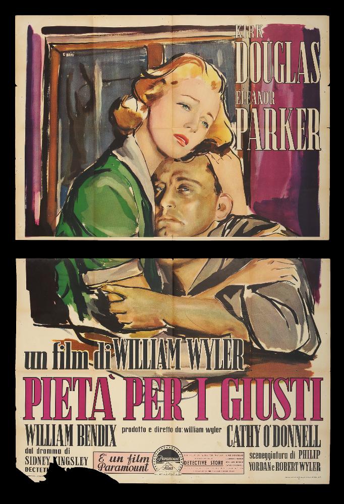 L'immagine riproduce uno dei manifesti conservati presso la Mediateca Regionale Pugliese (vedi Note). Si tratta del manifesto del film americano "Pietà per i giusti", la cui illustrazione è a firma di Ercole Brini. Si tratta di una composizione pittorica delicata ed evocativa, caratteristica che contraddistingue tutte le sue opere; Brini infatti prediligeva l'uso degli acquerelli, tecnica che gli permetteva di creare racconti in cui le figure si fondono al paesaggio, figure diverse si fondono una nell'altra, in atmosfere impalpabili e ricche di fascino. In quest'opera, drammatica e poetica, Brini accentua le figure con un tratto nero che contorna le sagome, rendendole uniche e ricche di fascino: si riconoscono i ritratti di Kirk Douglas ed Eleanor Parker, protagonisti i...
