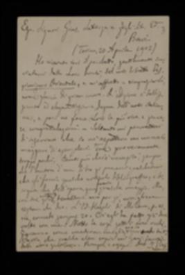 Nella cartolina, Italo Pizzi si congratula con Laterza per l'elegante edizione della sua opera ma lamenta il numero esiguo di copie ricevute.