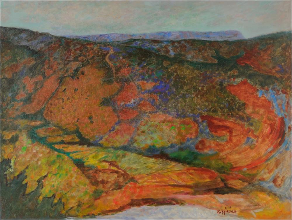 L'immagine digitale è la riproduzione fotografica dell'opera "Paesaggio", olio su tela realizzato dal pittore Raffaele Spizzico, artista barese di grande rilievo nel panorama meridionale e italiano, che si inserì bene in quel contesto culturale che animava la città di Bari negli anni ‘50 del Novecento. Erano gli anni in cui la città respirava un forte fermento culturale grazie alla galleria il “Sottano”, punto di incontro per i più grandi intellettuali dell'epoca, luogo in cui lo stesso Spizzico, nel 1954, espose le sue opere insieme a Roberto De Robertis, Martinelli e Morino, segnando il cambiamento della scena artistica locale. Molto attento al tema del paesaggio, a cui dedicò gran parte dei suoi studi, Raffaele Spizzico, partendo dagli esempi del divisionismo postimp...