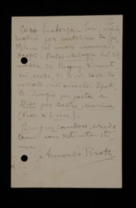 Nella cartolina, Armando Perotti precisa all'editore Laterza l'indirizzo per l'invio del manuale Hoepli del Vinassa De Regny.