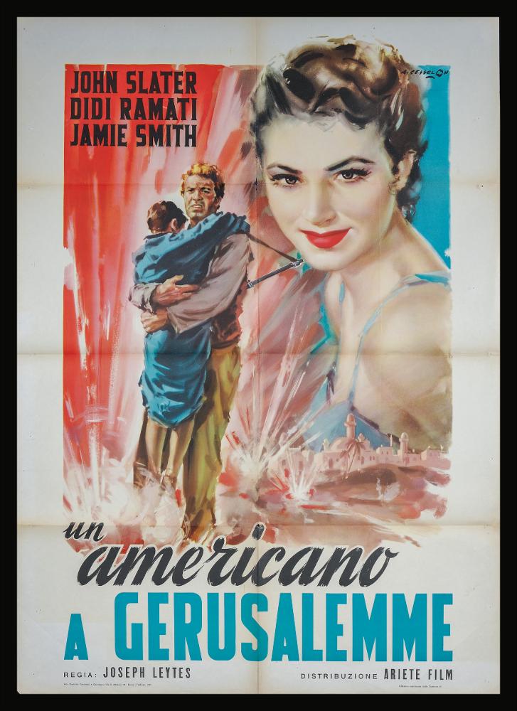 L'immagine riproduce uno dei manifesti conservati presso la Mediateca Regionale Pugliese (vedi Note). Si tratta di una delle versioni grafiche del manifesto del film "Un americano a Gerusalemme". L'illustrazione pittorica è a firma di Angelo Cesselon, considerato uno dei pittori di cinema più originali, contraddistinto da uno stile fatto di un cromatismo vibrante e dinamico. Nei suoi lavori per il grande schermo, ha sempre prediletto l'uso di tocchi sfumati e leggeri, con contrasti di colore forti e contemporanei. Ma è indubbio che Cesselon fu influenzato anche da una certa tradizione pittorica veneta, che guarda ad artisti come Tiziano e Tiepolo, fino a Giovanni Boldini, soprattutto nelle composizioni diagonali. Tutta la sua produzione, anche quella più tarda, privileg...