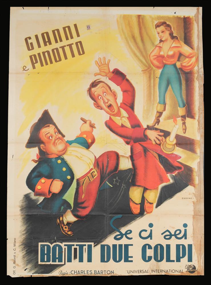 L'immagine riproduce uno dei manifesti conservati presso la Mediateca Regionale Pugliese (vedi Note). Si tratta di uno dei manifesti del film in bianco e nero “Se ci sei batti due colpi” del 1946 per la regia di Charles Barton, a firma dell’illustratore Cussino. L’artista riesce a rendere la comicità del duo Bud Abbott e Lou Costello, meglio noti in Italia come Gianni e Pinotto, comicità che si evince non solo dalle espressioni degli attori ma anche dalla loro stessa rappresentazione. I colori utilizzati per lo sfondo sono tutte sfumature del giallo oro mentre i colori degli abiti sono netti e decisi. Molto particolare il lettering utilizzato per il titolo diviso in due blocchi segnati dall’uso del corsivo e stampatello alternati....