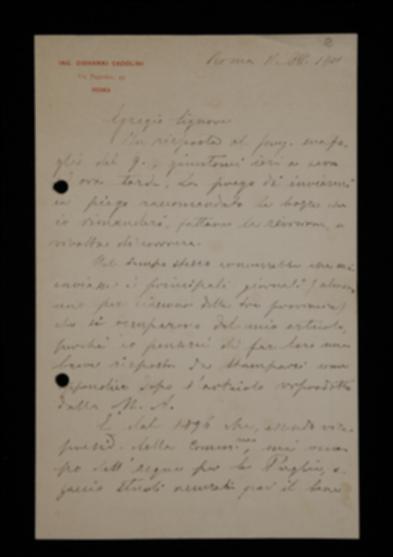 Nella lettera, Giovanni Francesco Cadolini chiede all'editore di rinviargli le bozze del volume "L'acquedotto delle Puglie" per la correzione.