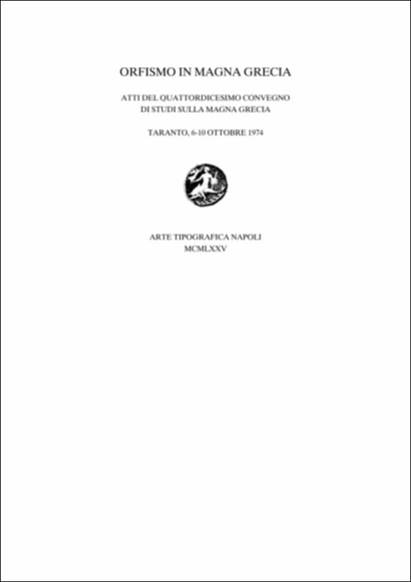 Il volume digitalizzato contiene gli Atti del quattordicesimo convegno di Studi sulla Magna Grecia, svoltosi a Taranto dal 6 al 10 ottobre 1974 e pubblicato a cura del Centro Studi della Magna Grecia dell'Università di Napoli e dell'Ente provinciale per il turismo di Taranto. Il tema del convegno fu "Orfismo in Magna Grecia" con particolare attenzione al contenuto sacrale e liturgico dei culti praticati nei santuari presenti sul territorio. Molta attenzione fu riservata al Pitagorismo e al Neopitagorismo, molto diffuso fino all'età romana così come l'orfismo, risposte queste al paganesimo ufficialmente diffuso.