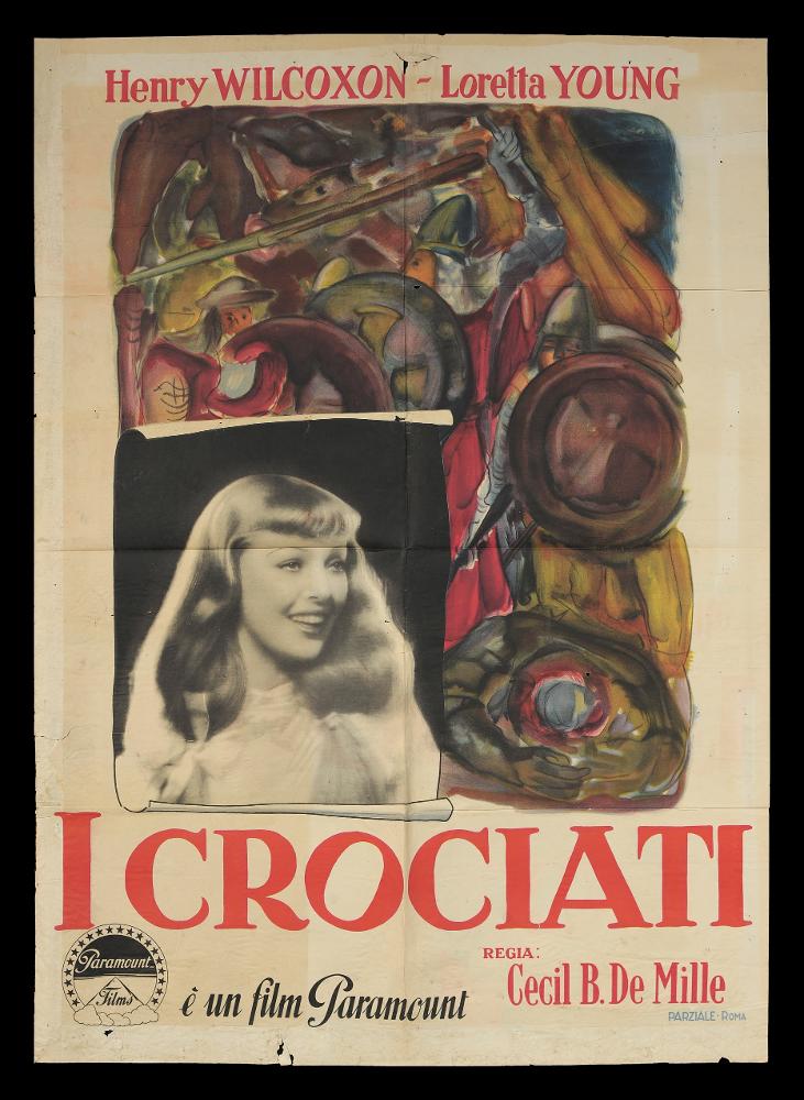 L'immagine riproduce uno dei manifesti conservati presso la Mediateca Regionale Pugliese (vedi Note). Si tratta di uno dei manifesti del film in bianco e nero “I crociati” del 1935 per la regia di Cecil B. DeMille. Il manifesto non presenta alcuna firma seppur presenta un’illustrazione pittorica su tutta la pagina. I colori utilizzati sono molto cupi e le pennellate si confondono non permettendo di riconoscere i lineamenti dei personaggi, i crociati, riconoscibili dagli scudi e dagli elmetti. Nel cartiglio in basso a sinistra, una fotografia in primo piano della bella Loretta Young che interpreta Ermengarda. I dati tipografici e l’indicazione del titolo sono molto essenziali e lineari....