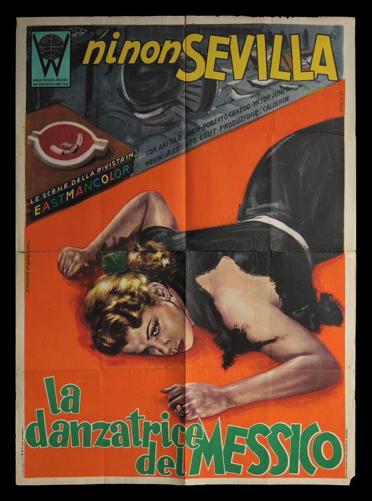 L'immagine riproduce uno dei manifesti conservati presso la Mediateca Regionale Pugliese (vedi Note). Si tratta di uno dei manifesti del film in bianco e nero “La danzatrice del Messico” del 1952 per la regia di Alberto Tito Gout. L’opera grafica è a firma di Palt, nome d’arte utilizzato da Tarquini Paolo, "Pittore non Pittore" come lui stesso si definì, artista che condivise la sua arte con il padre Sabatino ed i fratelli Luigi e Glauco. Qui Tarquini utilizza il tradizionale sfumato e policromo, tipico degli anni Trenta, dando risalto maggiormente ai colori pastello. L’illustrazione è a firma di Palt, nome d’arte utilizzato da Tarquini Paolo, "Pittore non Pittore" come lui stesso si definì, artista che condivise la sua arte con il padre Sabatino ed i fratelli Luigi e G...