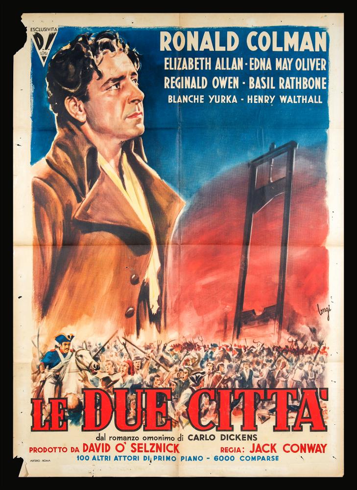 L'immagine riproduce uno dei manifesti conservati presso la Mediateca Regionale Pugliese (vedi Note). Si tratta della versione grafica del manifesto del film americano "Le due città", a firma di Longi (Carloantonio Longi). In molte opere pittoriche, l'artista si esprime mettendo in risalto la figura femminile, facendosi interprete di quella tendenza degli anni '50 nella quale la bellezza della donna è esaltata sia nei film sia nella pittura da cinema. In questa composizione, invece rende protagonista l'interprete maschile, Ronald Colman, creando un ritratto a mezzo busto imponente e solenne che sovrasta la scena di guerra corale in basso, tra il rosso e il blu simbolo della Francia. Il forte realismo dei volti è una caratteristica del pittore, che iniziò la carriera art...
